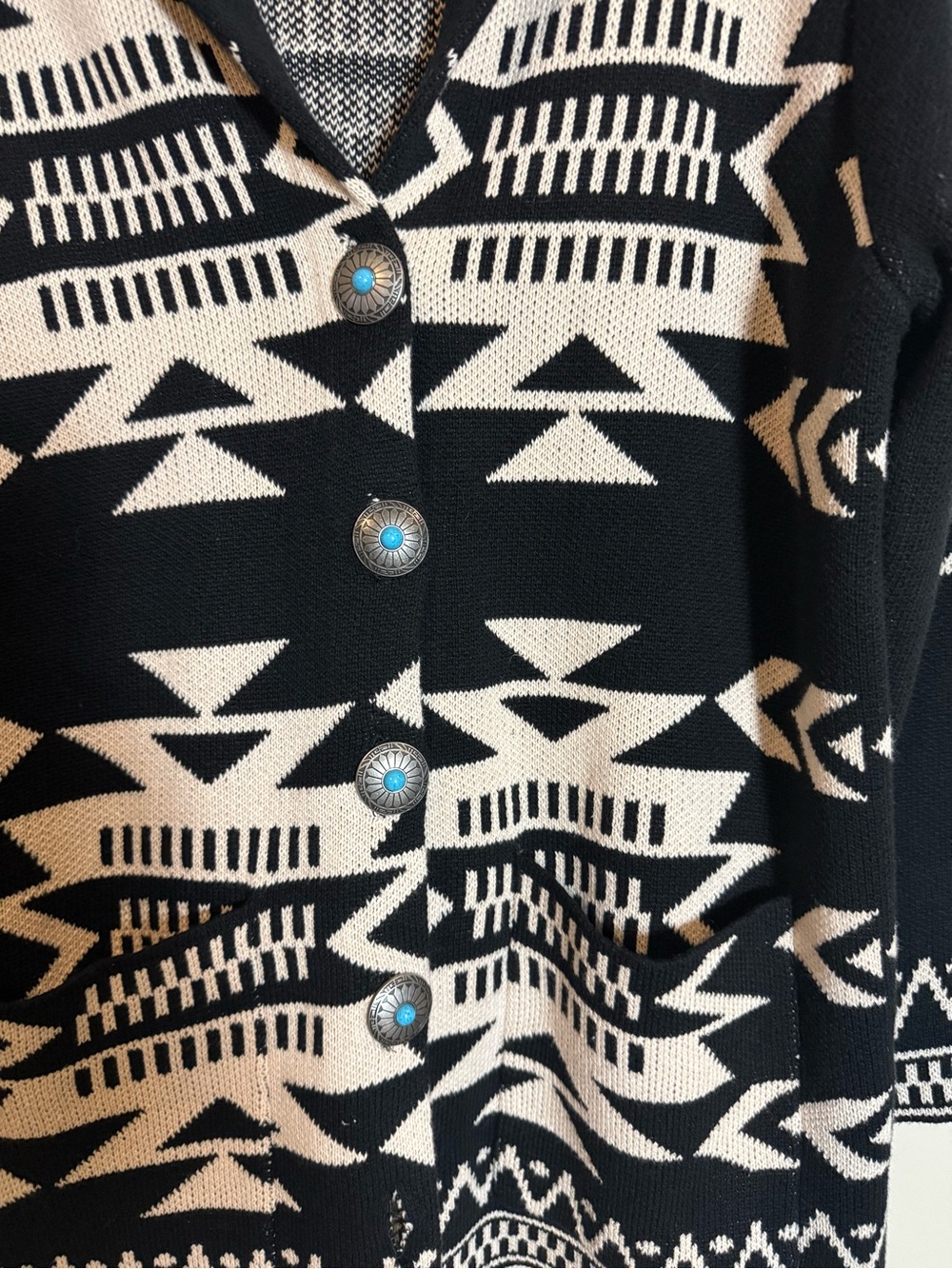 Cotton & Rye Shawl Collar Cardigan - Black & Cream Geometric - Picture 3 of 6